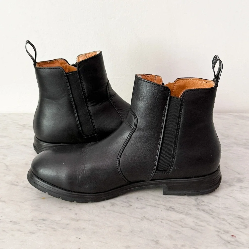 Xena Omega Steel‎ Toe Work Boots 9 Wide Black Leather Side Zip Chelsea Utility